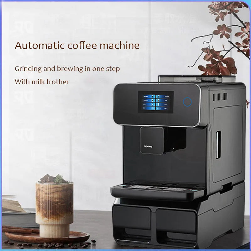 Black automatic espresso coffee machine with integrated grinder, milk frother, and digital touchscreen display.