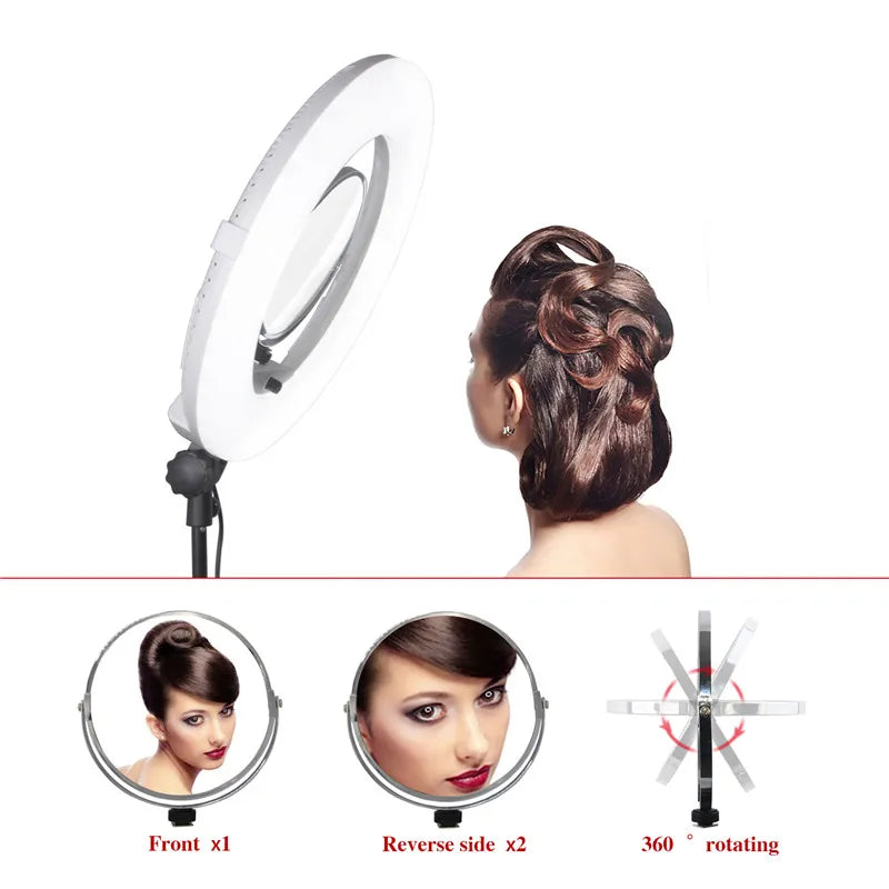 White ring light with magnifying mirror for hair styling and makeup, featuring 360-degree rotation and dual