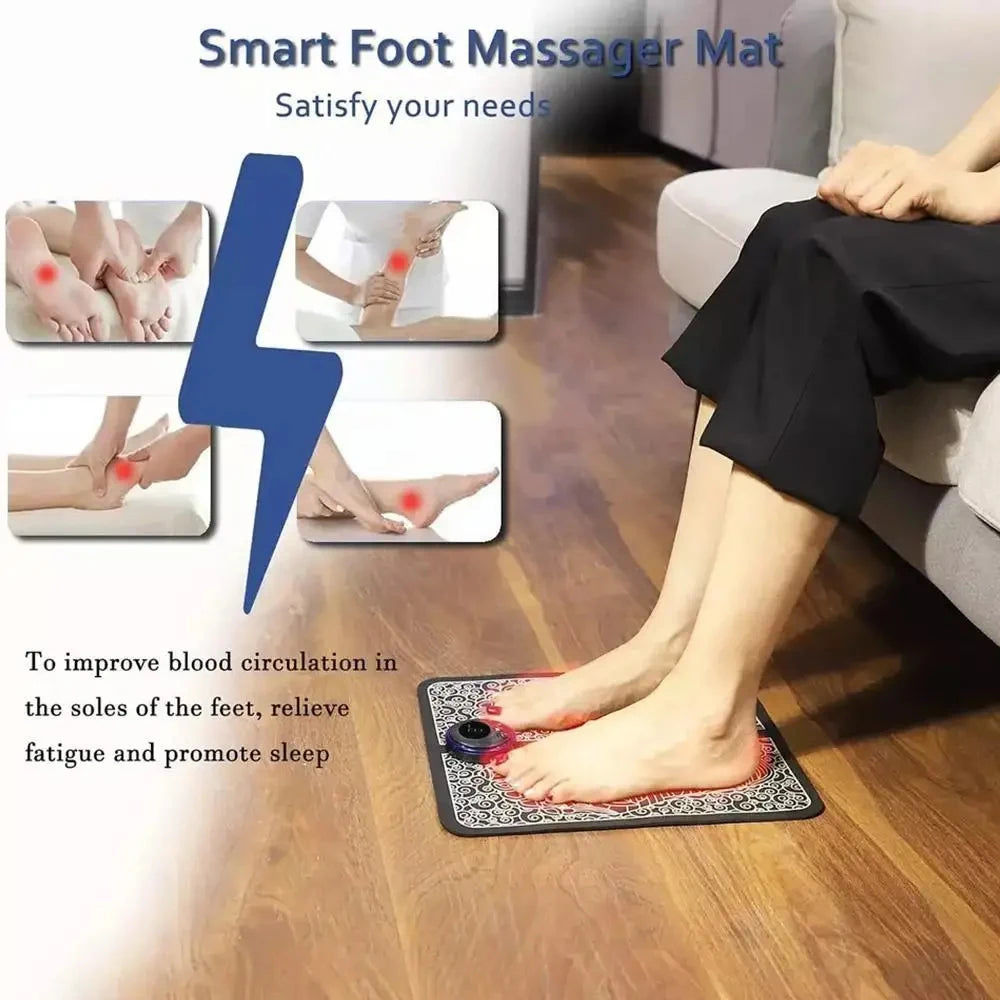 Black rechargeable EMS foot massage mat with control device for sore feet relief, home circulation therapy.