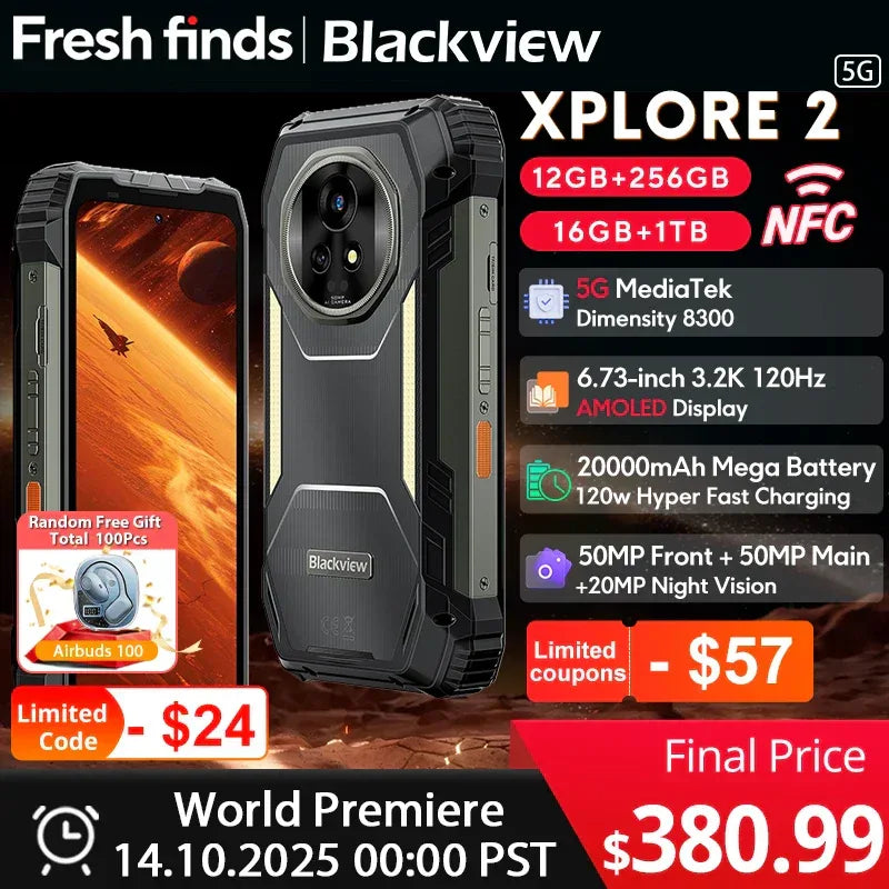 Blackview Xplore Rugged 5G Smartphone, 16GB RAM, 1TB Storage, 20000mAh Battery Tidesmit
