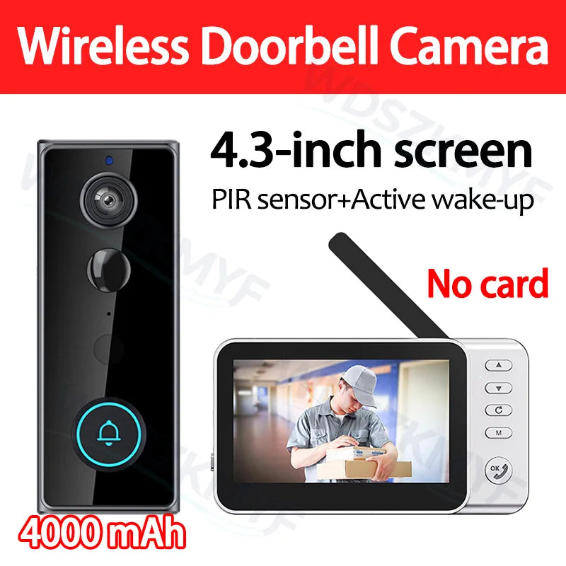 Waterproof 4000mAh Video Monitoring Doorbell 4.3 Inch IPS screen PIR motion sensor Two-way intercom 1080P Video Doorbell Camera