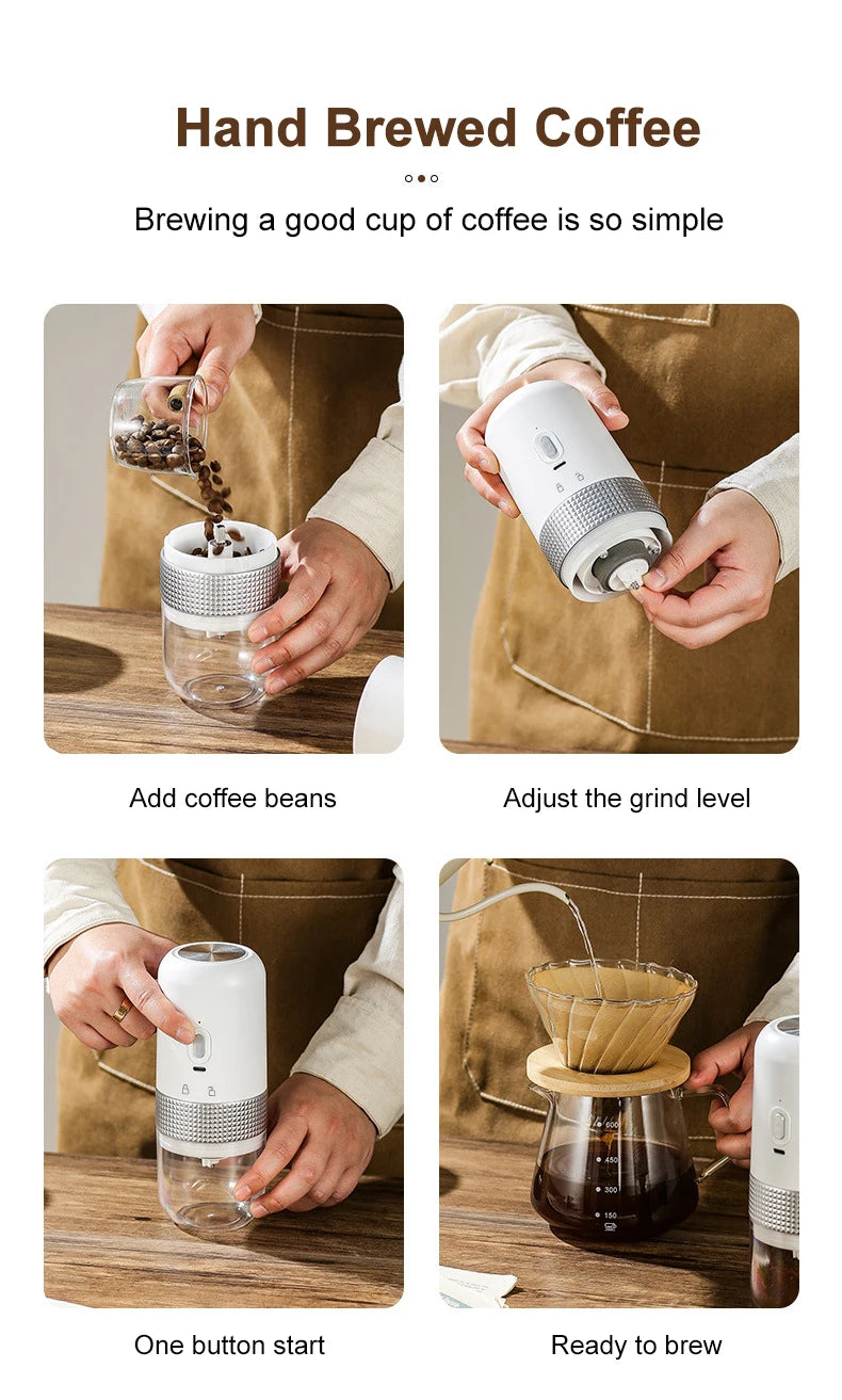 Portable white electric coffee grinder with adjustable burr settings and glass carafe for fresh hand brewed coffee.