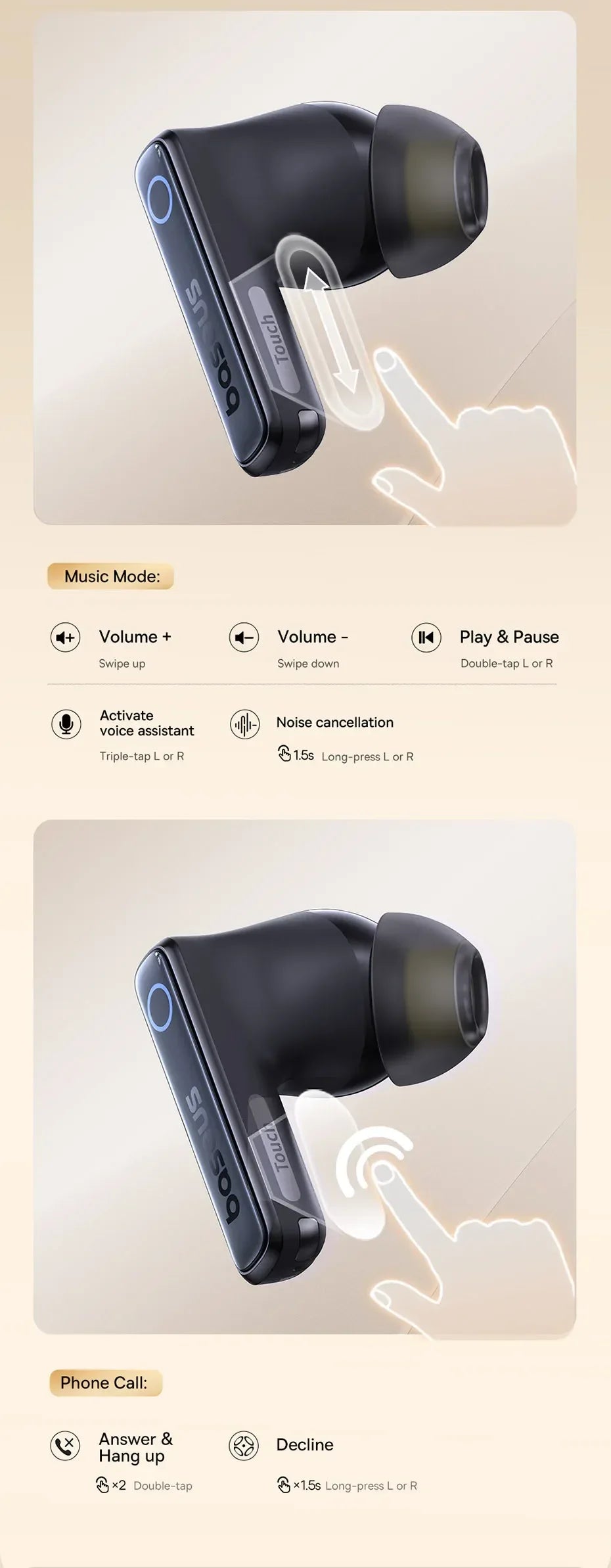 Baseus Bowie 30 Wireless Earphones 50dB Noise Reduction 65Hrs Long Playtime Bluetooth 5.3 Earbuds 6 Mics AI Call Clear Big Bass Tidesmit