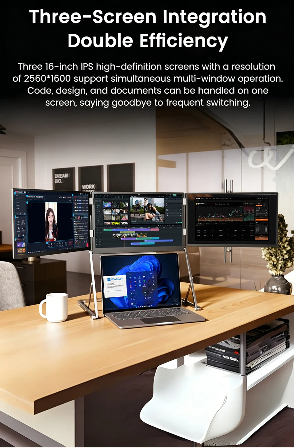 Sibolan 16" 2.5K Three Screen Portable Monitor 60Hz 100% sRGB Metal Body HDMI USB-C Plug Laptop Display Extender For Wins Mac OS