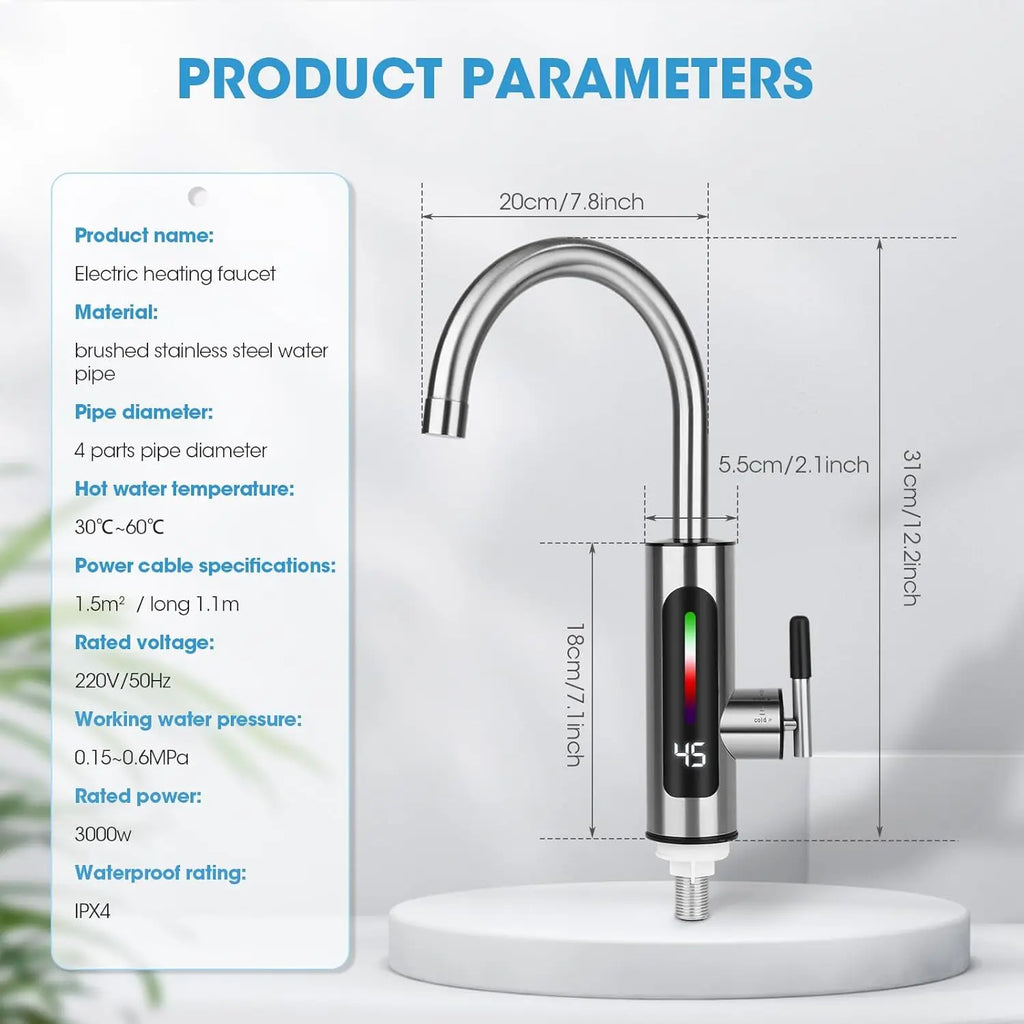 3000W Electric Instant Hot Water Tap Electric Kitchen Water Heater with 360° Rotating Heating Tap for Bathroom Kitchen