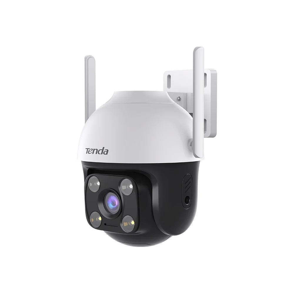 White and black outdoor pan-tilt Wi‑Fi security camera, side view with antenna