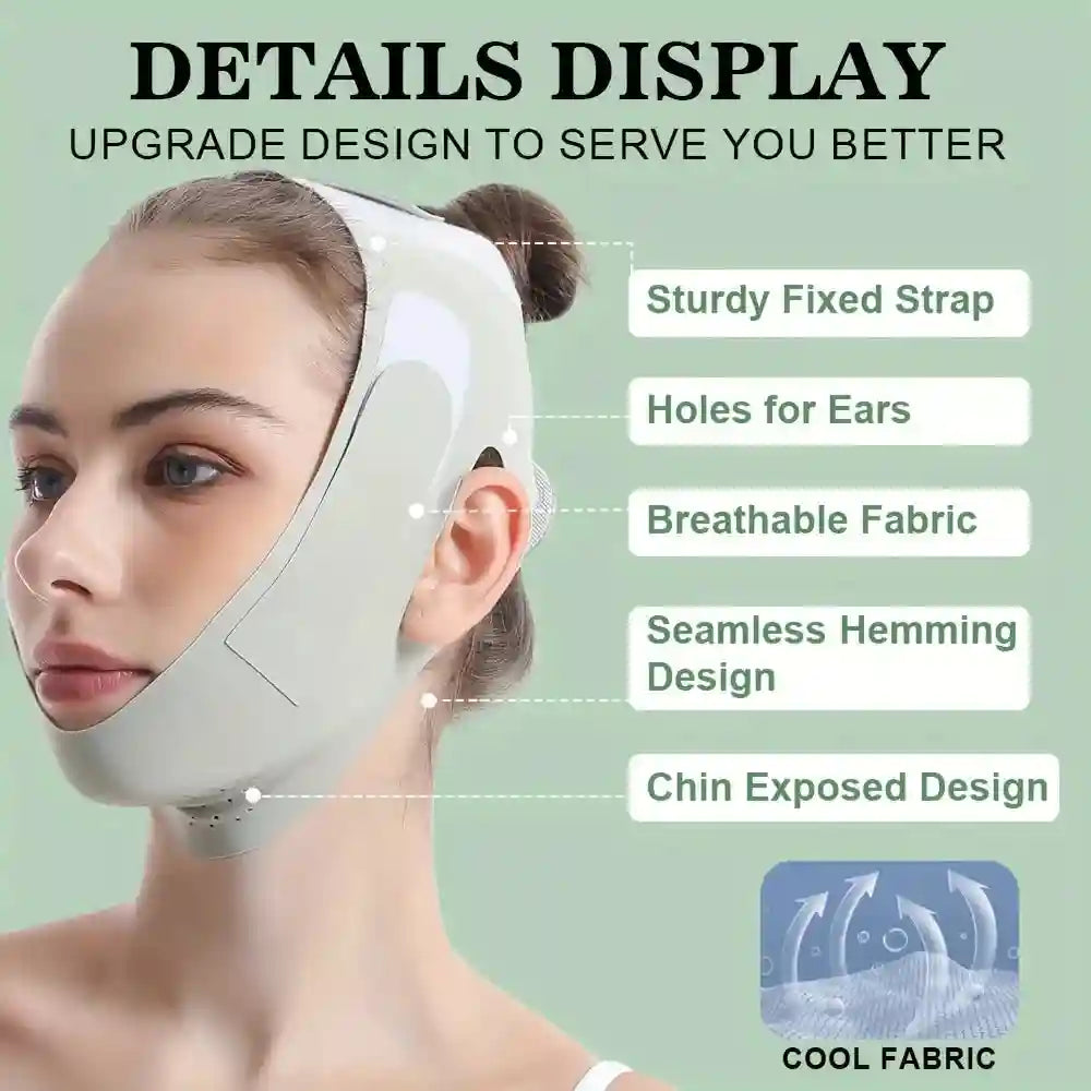 Woman wearing a light green, breathable face slimming strap with ear holes, a chin-exposed design, and fixed straps.