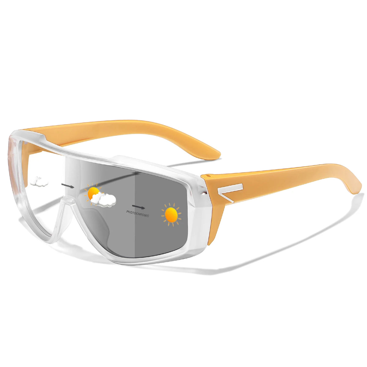 Orange-yellow sports photochromic goggles with gray tinted shield lens