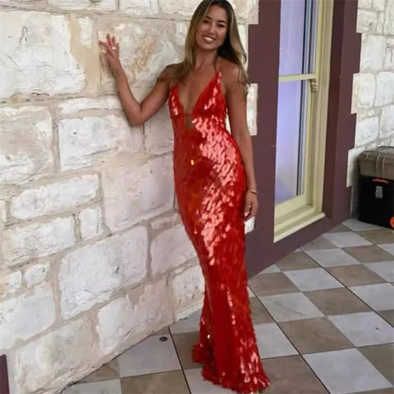 Glitter Sequins Spaghetti Straps Women's Evening Long Maxi Dress Sleeveless Backless High Waist Sexy Lady Birthday Party Gown
