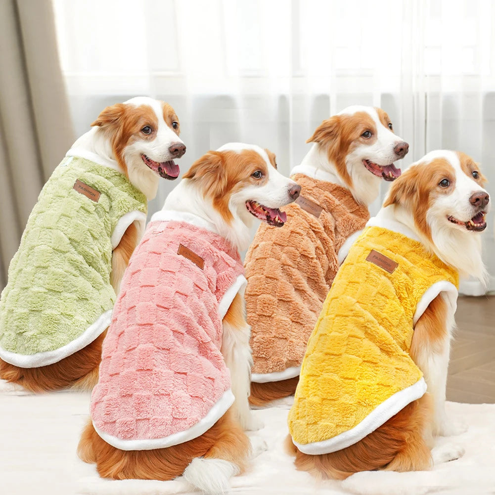 Four dogs wearing soft, colorful fleece winter sweaters for cozy, warm pet clothing in sizes S-8XL.