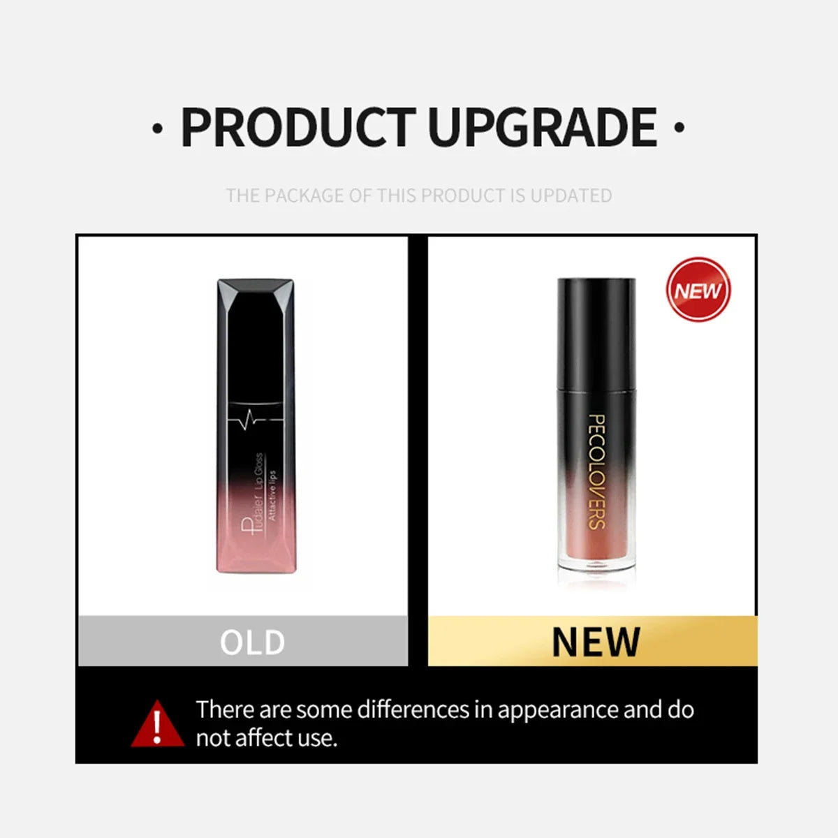 Long-lasting velvet liquid lipstick packaging update showing old vs. new waterproof, non-stick matte lip makeup bottles.