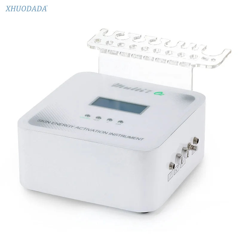 White 7-in-1 multifunctional hydro ultrasonic facial machine with RF, microcurrent, and tool holder for skin care.