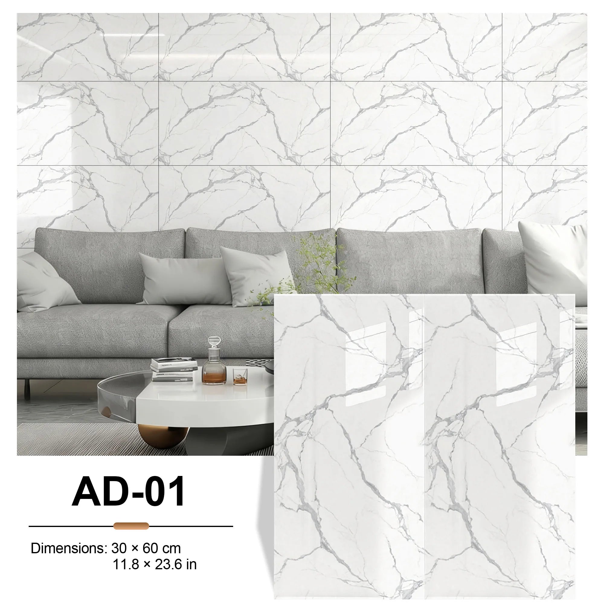 30cmx60cm Self-adhesive Marble Tiles Sticker Waterproof PVC Floor Wall Stickers, 20Pcs Covers 3.6㎡ 40Pcs Covers 7.2㎡ Removable Tile Decals for Bathroom Bedroom Living Room Home Decor