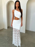 Mozision One Shoulder Cut Out Sexy Maxi Dress Women Elegant Diagonal Collar Sleeveless Lace Hem Bodycon Club Party Long Dresses