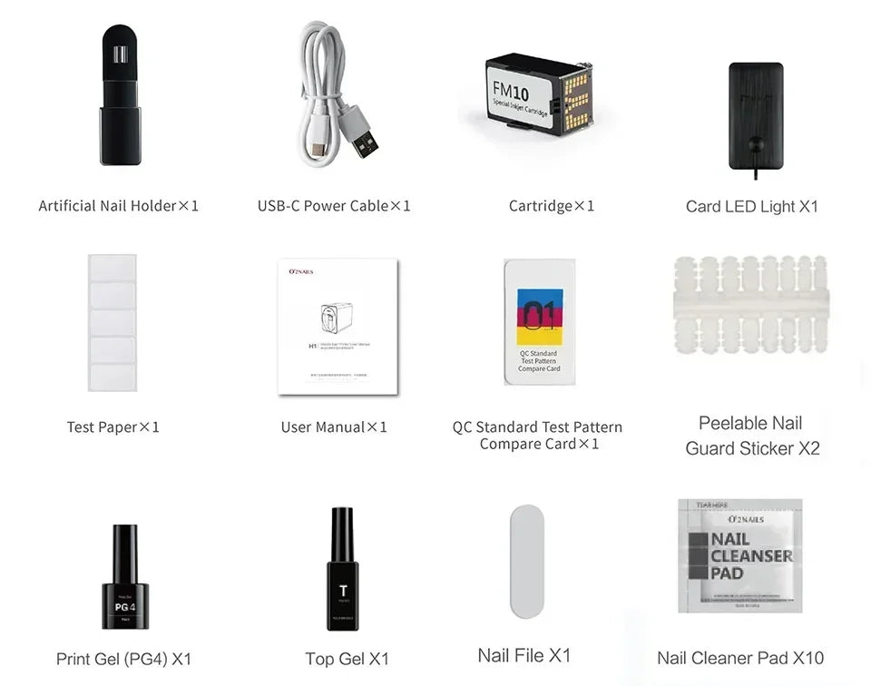 Accessories included with smart 3D portable nail printer, including print cartridge, gels, USB cable, and nail tools.