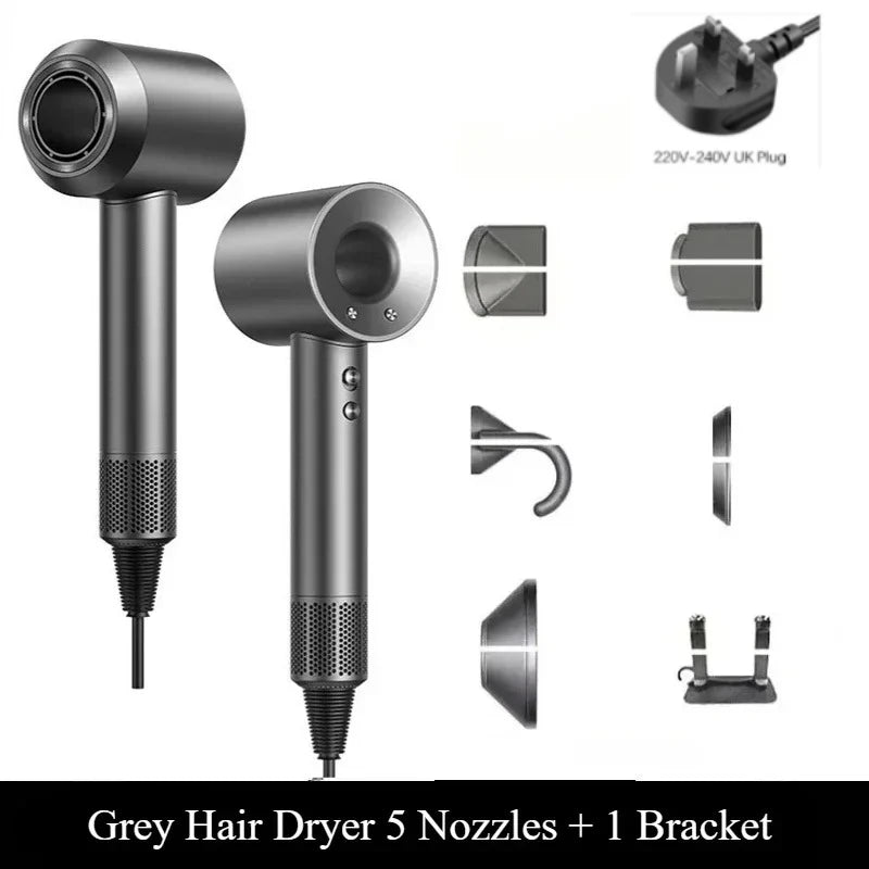 Grey professional leafless hair dryer with negative ions, 5 styling nozzles, wall bracket, and UK plug. Salon-quality.