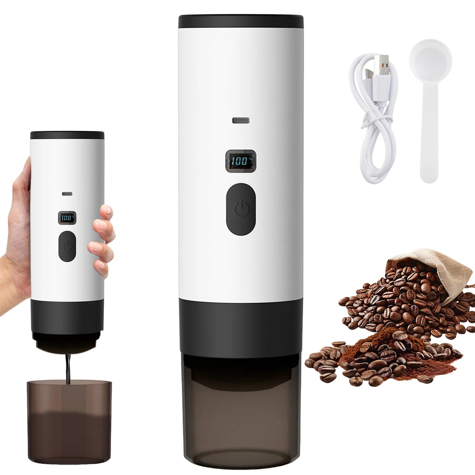 Portable white electric coffee grinder with digital display, USB-C charging, and scoop for coffee beans.