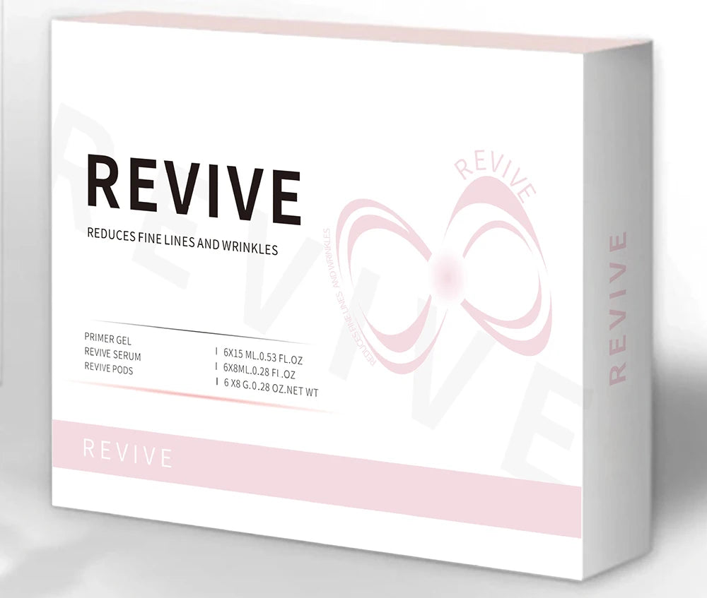 White and pale pink product box labeled "REVIVE," featuring text for facial serum, primer gel, and treatment pods.