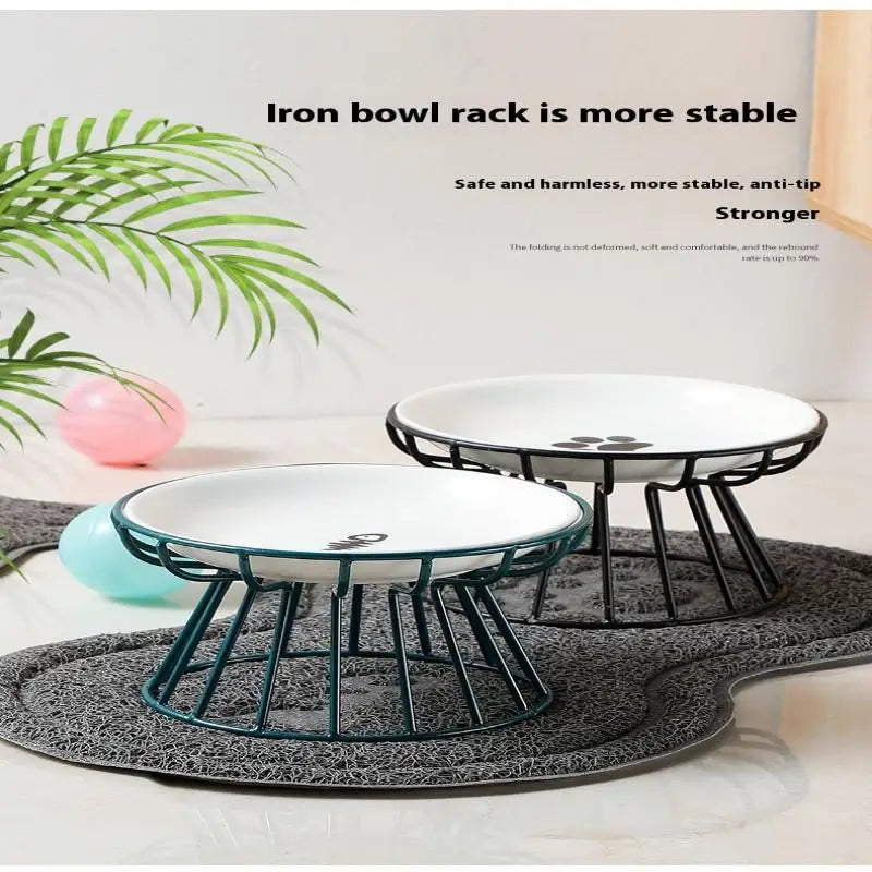 Raised ceramic pet bowls with anti-tip iron stands for stable, comfortable cat and dog feeding.