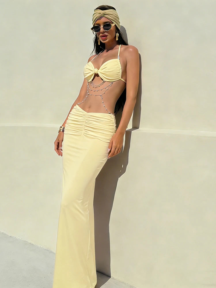 Kliou Sexy Fashion 2 Piece Set Woman Lace-Up Halter Beads Decoration Bar Tops+Elastic Waist Skirts Vacation Beach Style Outfits