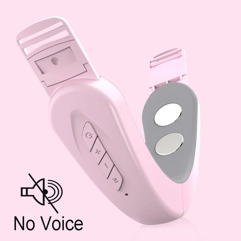 Light pink, V-shaped facial massager with side control buttons and two silver contact pads, on a light pink background.