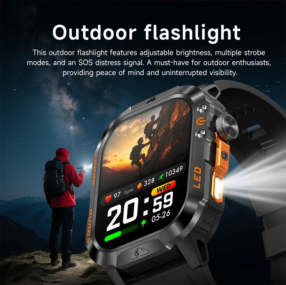 New 1200 mAh Battery Rugged Military Smartwatch Men 5ATM Waterproof Fitness Tracker Health Monitor 100+Sports Call Smart Watches