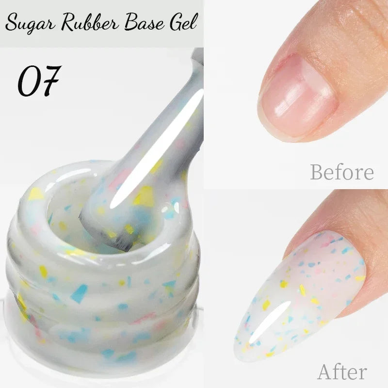 Sugar Rubber Base Gel 07, a milky white gel with multicolored confetti flakes for nail polish base coats.