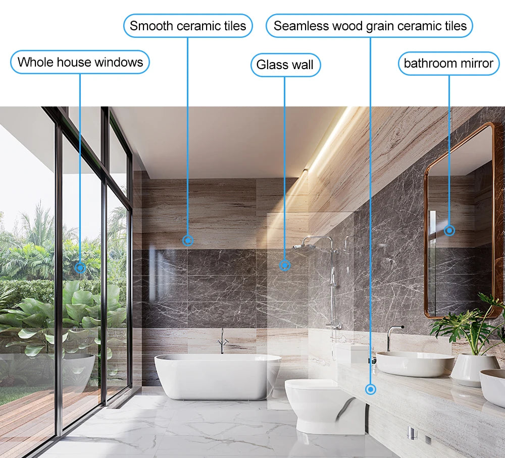 Tidesmit ABIR WD8 window vacuum robot showing dual ultrasonic spray and AI intelligent wiping features.