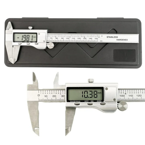 Digital vernier caliper with depth rod, stainless steel body and LCD screen in case
