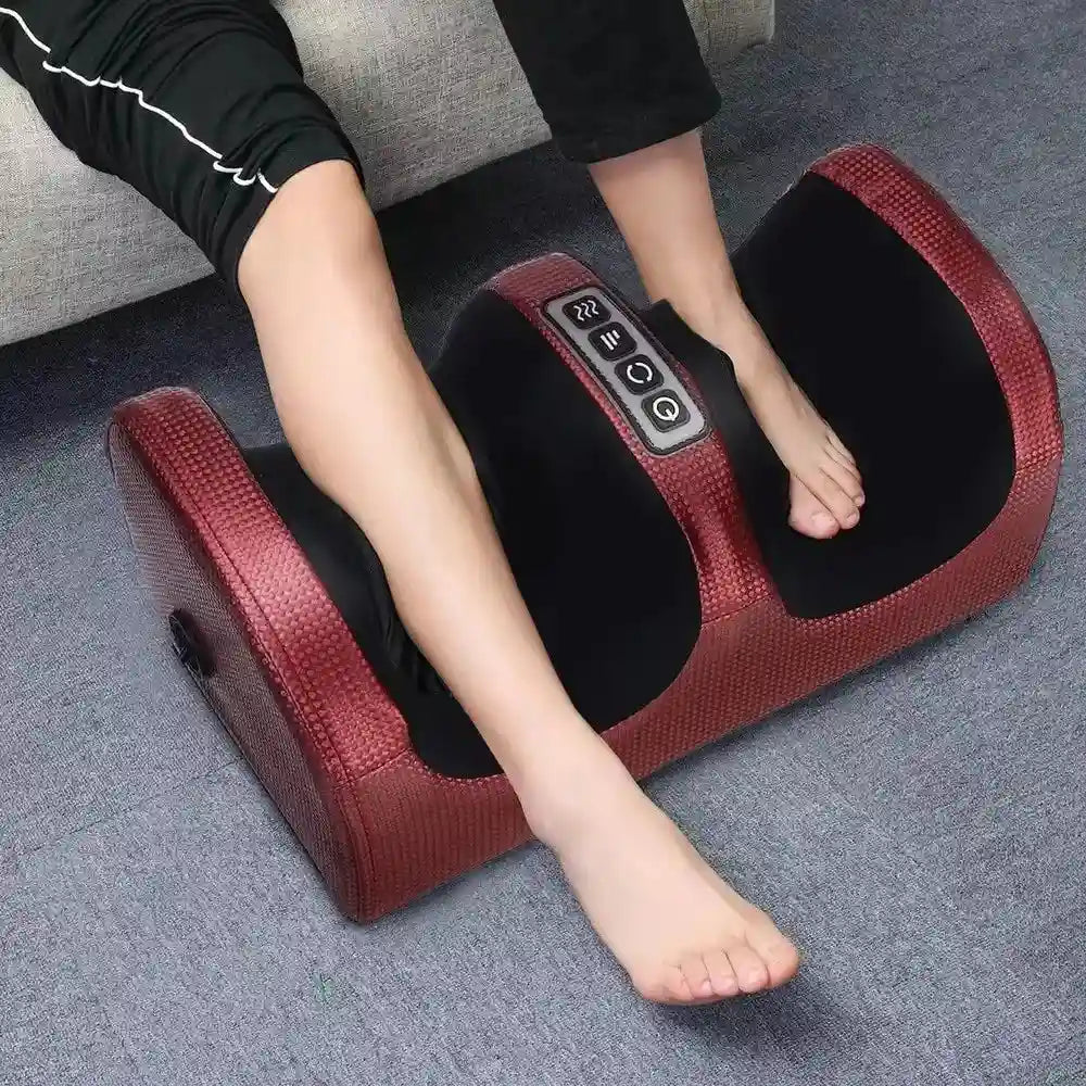 Red electric shiatsu foot massager with heating, kneading rollers, and control panel for home muscle pain relief.