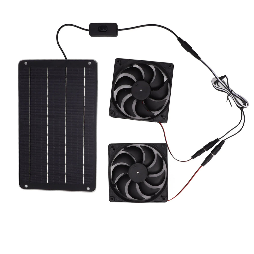 20W solar-powered dual fan kit with switch for cooling pet houses, RVs, and greenhouses. Efficient 12V ventilation.