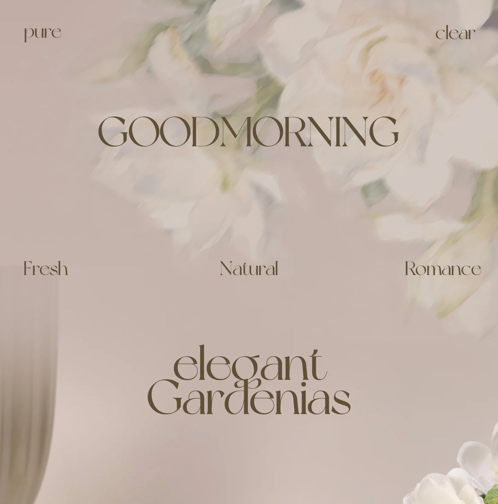 Elegant beige aesthetic graphic for Pure Gardenia niche floral perfume, featuring soft white flower petals and typography.