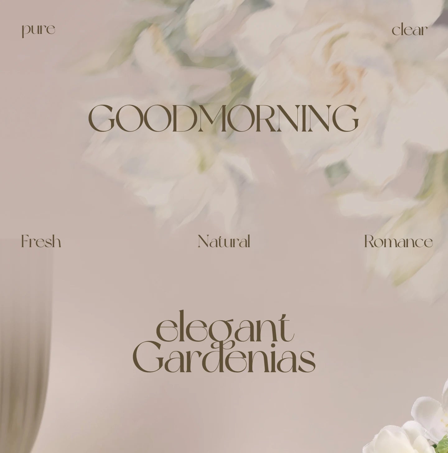 Elegant beige aesthetic graphic for Pure Gardenia niche floral perfume, featuring soft white flower petals and typography.
