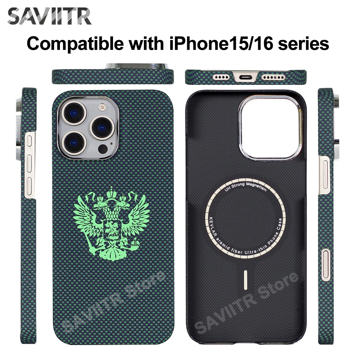 iPhone 16 Pro Max Carbon Fiber Magnetic Case Blue Mag - Slim Drop Protection Green Mag Tidesmit
