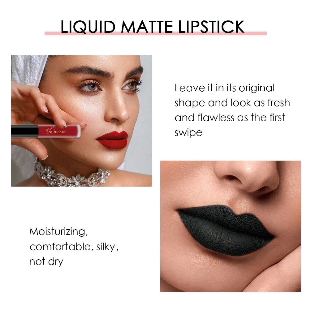 Model wearing waterproof matte liquid lipstick with silky, long-lasting red and black pigment shades for lips.
