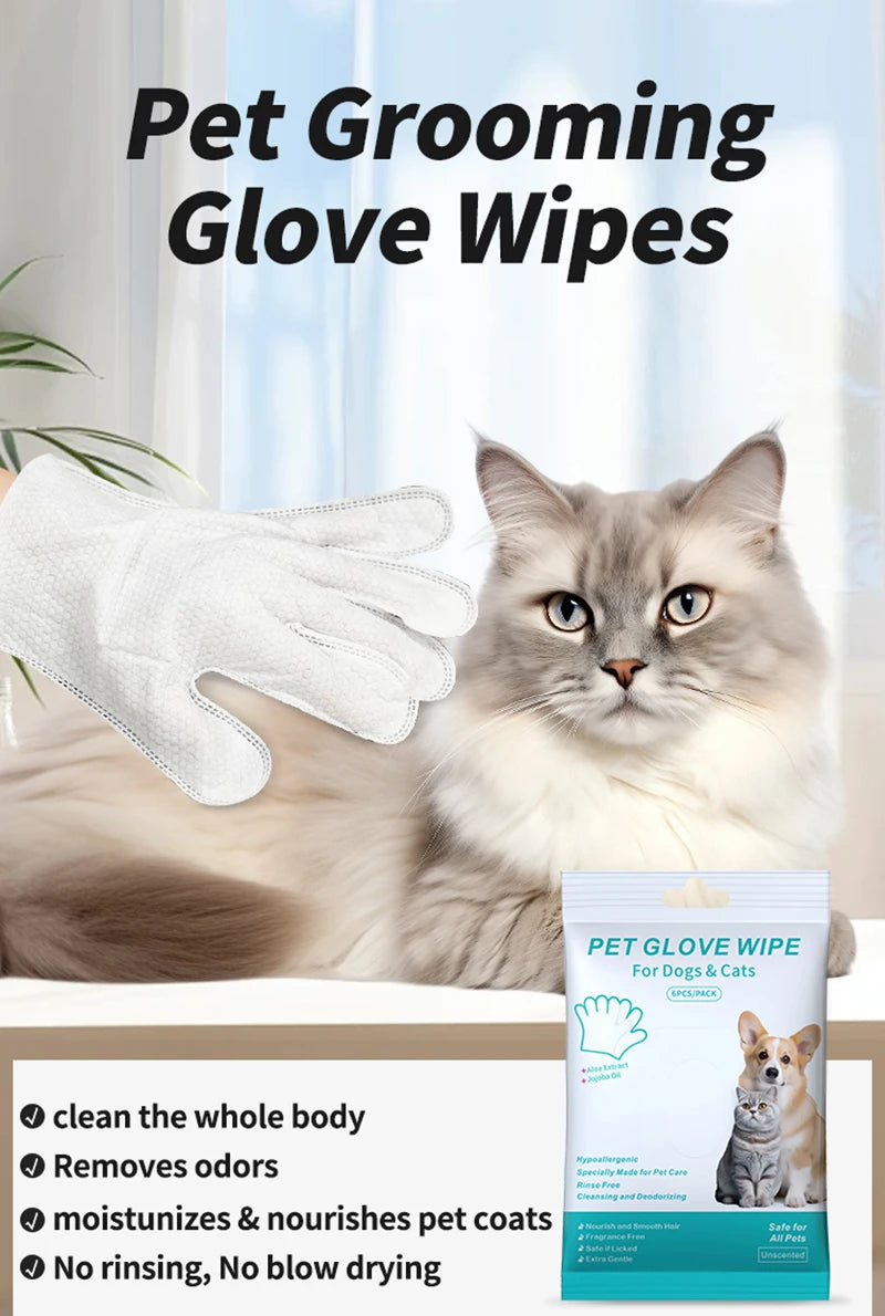 White disposable pet grooming glove wipes for gentle, rinse-free cat and dog cleaning and odor removal.