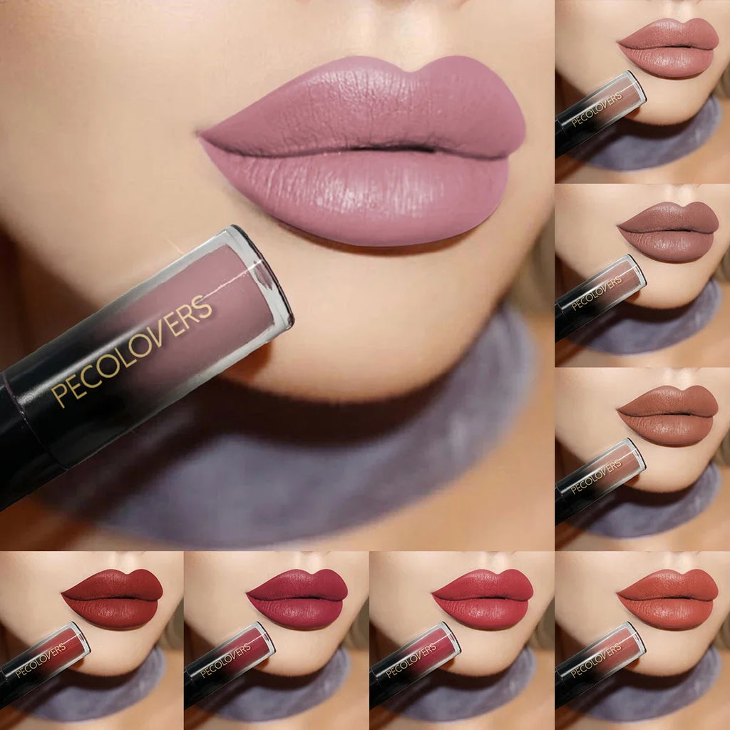 Multi-color velvet liquid lipstick set, long-lasting waterproof matte lip makeup in various flattering shades.