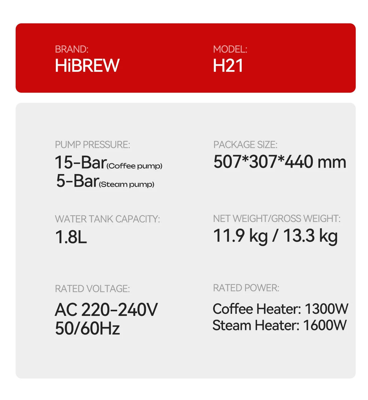 HiBREW H21 espresso machine technical specifications chart featuring 15-bar pressure and 1.8L water tank capacity.