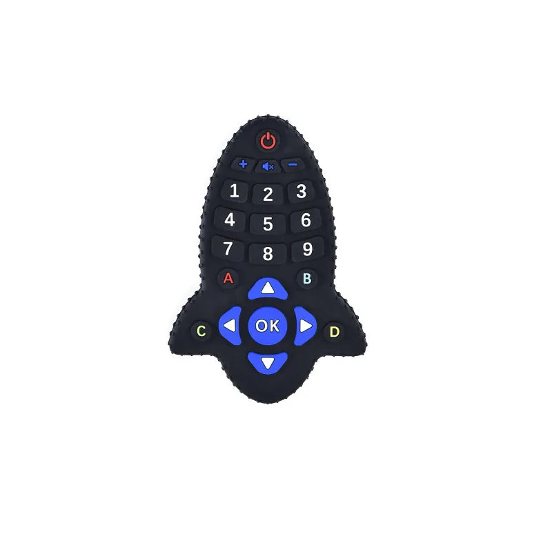 Black silicone teething toy shaped like a TV remote for baby teething relief.