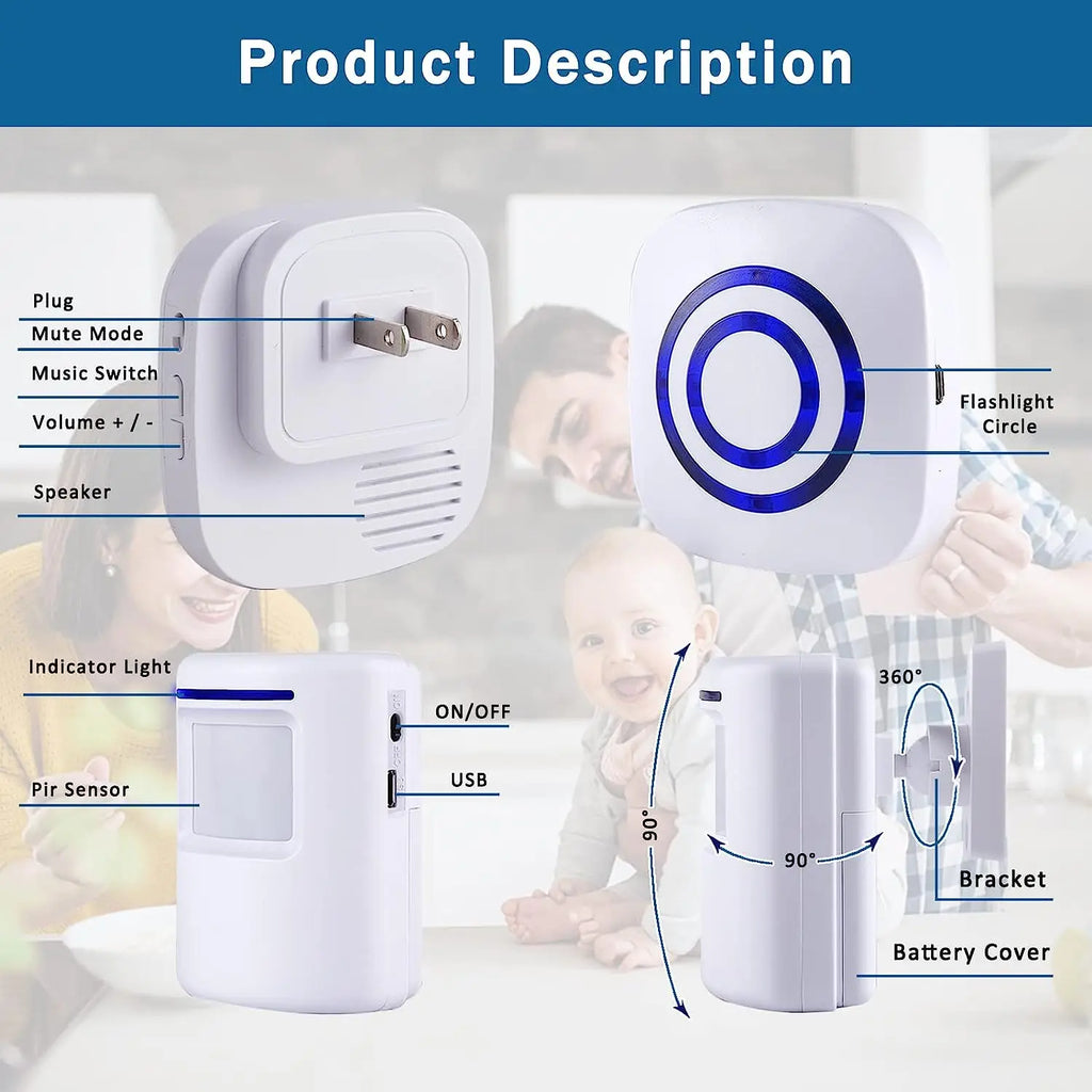 Wireless Home Security Entrance Alarm Visitor Doorbell with Plug-in Receiver and PIR Motion Sensor Warning System 38 Melodies