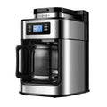 Stainless steel drip coffee maker with glass carafe, digital display, and integrated grinder, modern silver design.