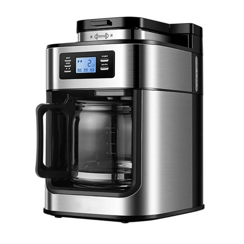 Stainless steel drip coffee maker with glass carafe, digital display, and integrated grinder, modern silver design.