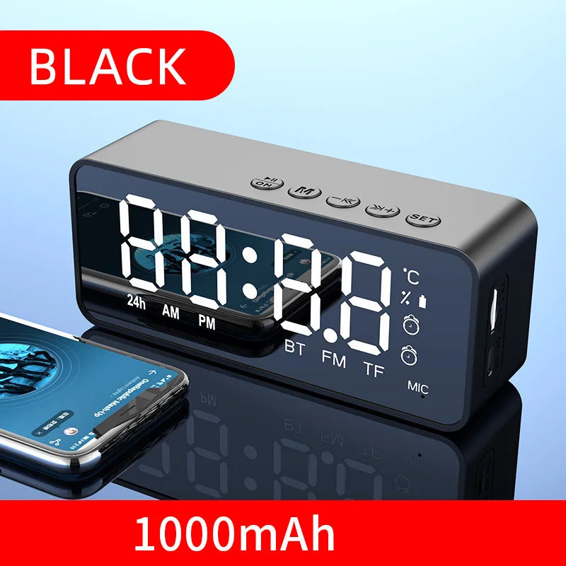 Black alarm clock radio speaker with digital display and BT/FM indicators, 1000mAh