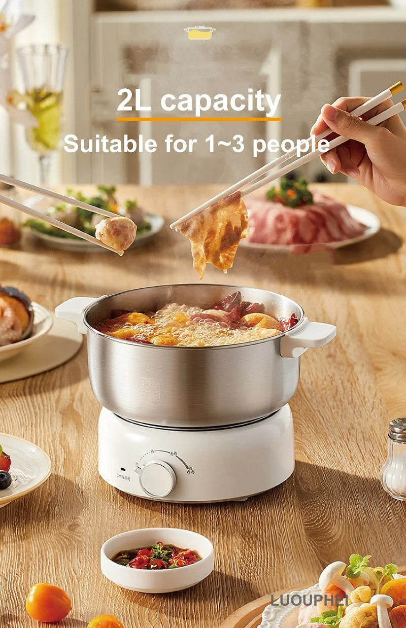 2L capacity stainless electric hot pot on white base for 1–3 people
