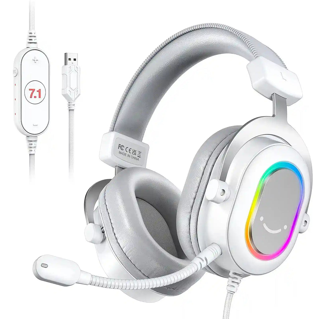 RGB Gaming Headset 7.1 Surround Sound - White Over-Ear Wired Headset Tidesmit