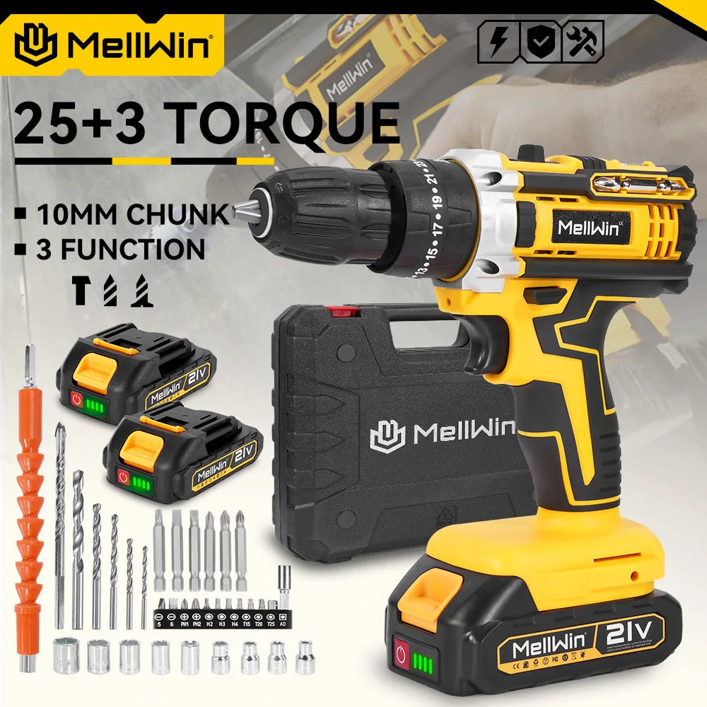 MELLWIN Cordless Electric Impact Drill Set 25+3 Torque Multipurpose Electric Screwdriver Power Tool For Makita 18V Battery Pin