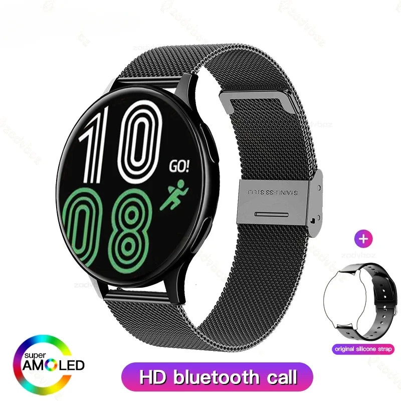 Black metal mesh smartwatch with black display and green fitness icons
