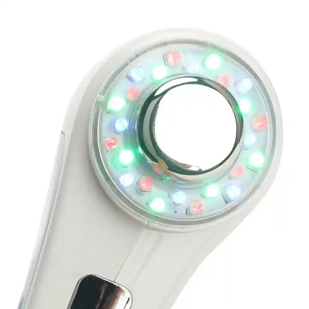 White handheld facial massager with a circular metal probe surrounded by glowing multi-color LED lights.
