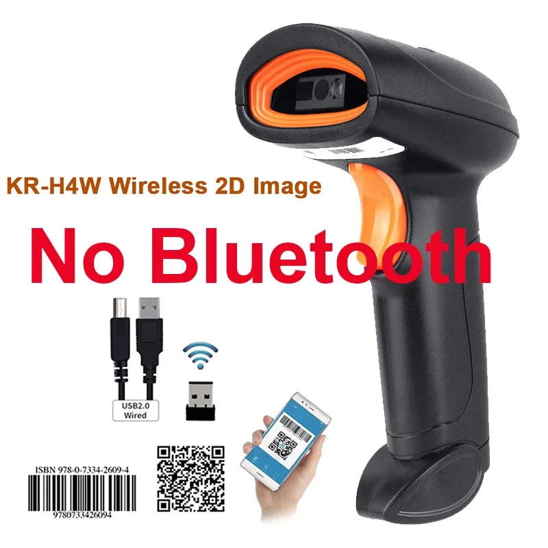 Black handheld wireless 2D barcode scanner with orange accents and charging port
