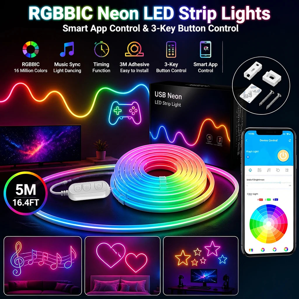 RGB neon LED strip light with coiled rope, USB connector, and color control app